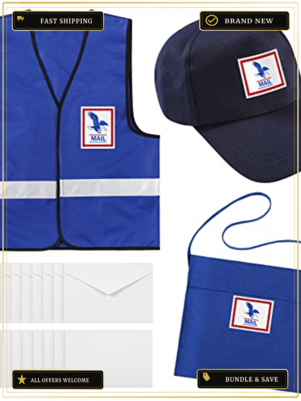 Mailman Costume Set Adult Hat Vest Canvas Bag Cards Envelopes Halloween